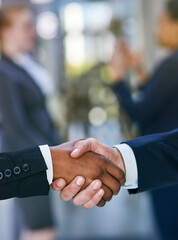 Poster - Business people, closeup or shaking hands for partnership deal in company building with welcome or b2b. Collaboration, employees or handshake for hiring, promotion or onboarding contract at workplace