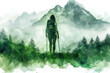 Green watercolor painting of a female hiking in forest, adventure