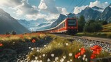 Fototapeta  - train on the railway in the montains, Modern Electric Train Amidst a Breathtaking European Landscape, Embracing Green Energy Inspiration