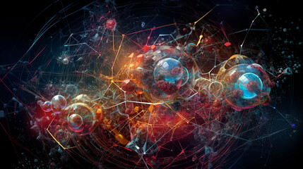 Poster - Abstract scientific concept with connected cells and particles. Science microscopic background.