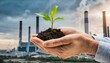 mãos segurando planta em frente complexo industrial e poluição, conceito ecológico sustentabilidade