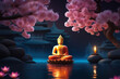 Buddha statue under the blooming sakura in the pond with burning candle and water lily and against the temple. Concept holiday Vesak day