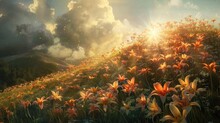 Sunbeam Shining Over A Hill Covered With Lilies