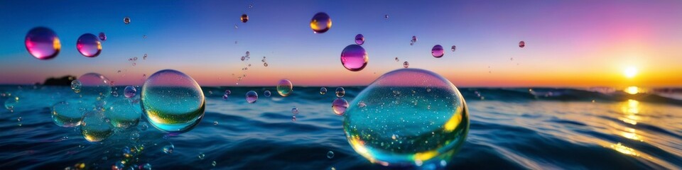 Wall Mural - Abstract colorful illustration of transparent soap bubbles flying on the background of sea sunset. Background for banner, poster, website header, place for text.	