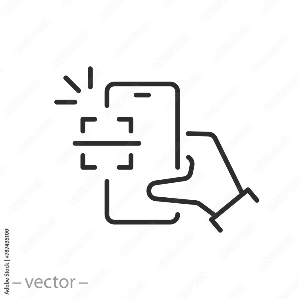scanning code process icon, qr code on screen smartphone, thin line ...
