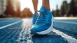 Ready to Dash: Sprinter's Blue Sneakers on Sunlit Track. Concept Dash, Sprinter, Blue Sneakers, Sunlit Track, Outdoor Photoshoot