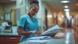 Fototapeta  - Dedicated Healthcare Professional Reviewing Patient Records in Hospital Corridor