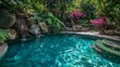 This vibrant image shows a sunbathed pool with clear blue waters, encircled by exuberant flora and rock features, offering a peaceful retreat