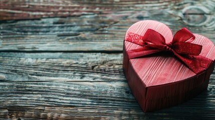 Sticker - Valentine s Day gift box shaped like a heart on a wooden textured backdrop