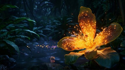 Poster - A captivating yellow flower glows surrounded by magical fireflies in a dark forest