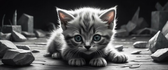  This image captures a kitten's curiosity as it lies among scattered shards, mimicking a playful yet chaotic life situation