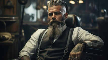 Handsome bearded man sitting in barbershop chair and looking at camera