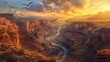 This image captures a majestic view of the Grand Canyon bathed in the warm glow of a setting sun with an eagle soaring gracefully in the sky