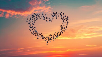 Wall Mural - A flock of birds in the shape of a heart against a romantic evening sky, valentine, romance, celebration, holiday, copy and text space, 16:9
