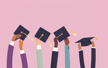 Sticker - diverse hands holding diploma and graduation caps in the air, with copy space on light purple background Generative AI