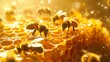 closeup of honey bees on honeycomb in beehive apis mellifera concept illustration