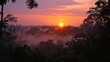 A breathtaking view of the sun rising over a foggy jungle, illuminating the sky with vibrant oranges and pinks