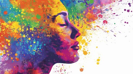 Wall Mural - colorful paint splatter illustration of happy female head mindfulness and selfcare concept mental health abstract art