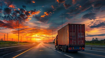 Wall Mural - container truck on highway road at sunset sky logistics import export and cargo transportation industry concept digital photography