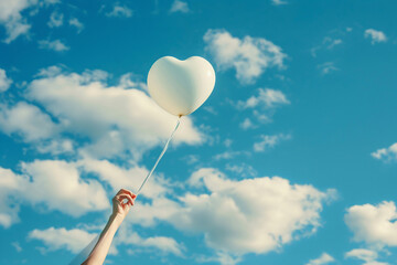 Female hand holding white heart shaped balloon on sky background with copy space. Valentine's Day or Happy Birthday celebration concept.