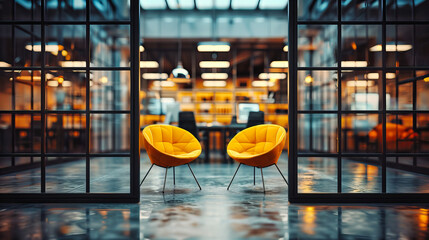 Wall Mural - Modern Business Hall, Bright Interior with Spacious Seating, Empty Waiting Area in Urban Building