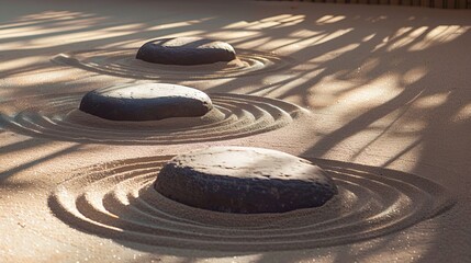 Poster - Early morning sunlight casting elongated shadows on sand inscribed with circular patterns around stones