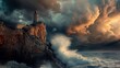 A lone lighthouse stands resilient against towering waves and a dramatic, stormy sky in a show of nature's power and beauty