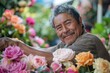 Smiling senior man surrounded by beautiful colorful roses in a garden setting