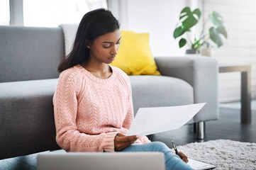 Canvas Print - Home, writer on floor and girl with laptop, document and research for novel and writing article. Apartment, person or woman with pc, editing or paperwork for project, tech or journalist with deadline