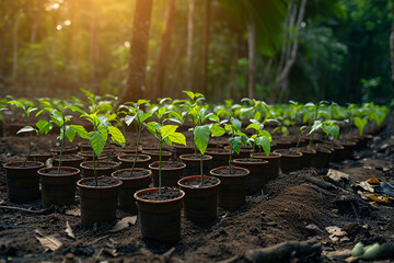 Seedling trees in plant nursery. Many young tree sprouts in pots stand on empty land for planting against the backdrop of a dense dark forest with sunlight.