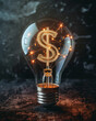 Dollar signs glowing within a lightbulb, powered by electricity, representing the lucrative potential of innovative ideas