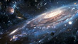 The image is a depiction of a spiral galaxy. The galaxy is surrounded by a number of stars and planets. The galaxy is blue and white in color.