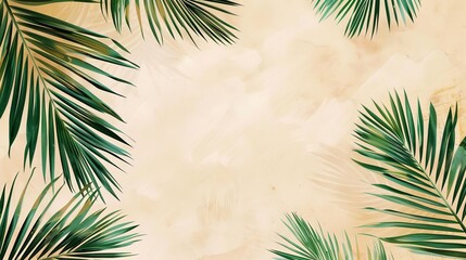 Wall Mural - lush green palm leaves on tropical beige background abstract nature illustration