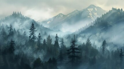 Wall Mural - misty forest mountains landscape realistic morning fog illustration digital painting