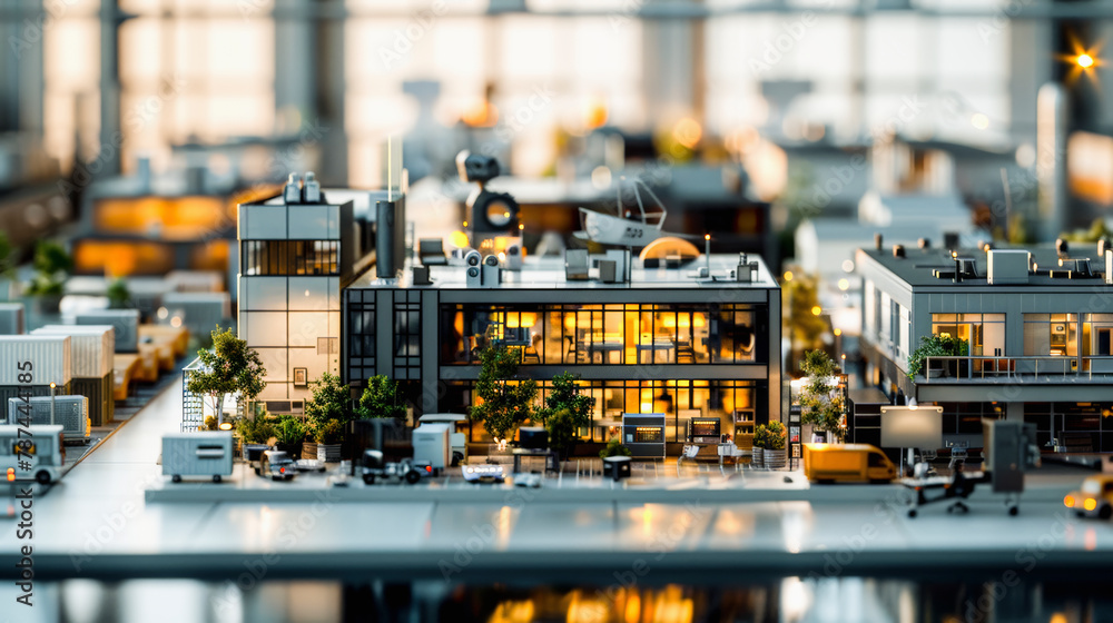 Mini Building Images Highly detailed miniature cityscape during dusk, with illuminated ...