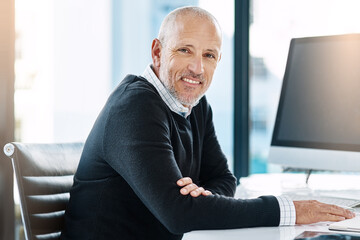 Aufkleber - Office, portrait and mature man at computer with confidence, pride and trust in business opportunity. CEO, manager and businessman at desk with online research, smile and professional at law firm.