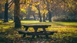Table for picnicking surrounded by trees in a park