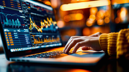 Wall Mural - person analyzing financial data on a laptop with stock market graphs on the screen in a dimly lit wo