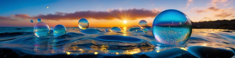 Wall Mural - Abstract colorful illustration of transparent soap bubbles floating in the sea on the background of sea sunset. Background for banner, poster, website header, place for text.	