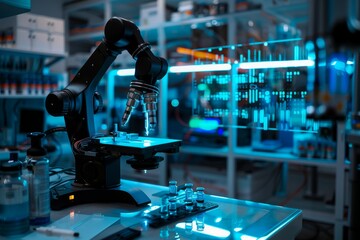 Poster - Futuristic robotic arm performing tasks in a high-tech laboratory environment