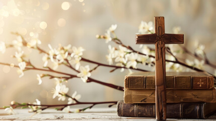 wooden cross, old biblical books  close up on table, abstract light background. Orthodox palm Sunday, Easter holiday. Symbol of Christianity, Lent, Faith in God, Church. copy space