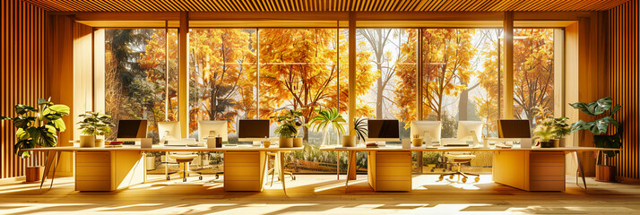 Wall Mural - Modern Home Office with Elegant Furniture, Spacious Desk and Comfortable Chair, Stylish and Efficient Workspace