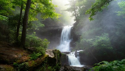  A cascading waterfall hidden deep in a lush forest with mist hiding the gorge and trees surrounding it's banks; peaceful environment, summer, magical scene
