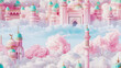 Fantasy illustration of pastel-hued palaces and minarets floating among soft pink and white clouds in a dreamy sky.