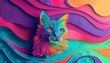 A lazy cat lounging on a vibrant abstract background of neon green, pink, blue, and purple. The colors are bold and eye-catching.