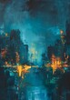 A hauntingly beautiful oil painting depicting a dystopian world in shades of sky blue, teal, seafoam green, and chartreuse yellow. Futuristic cities engulfed in darkness