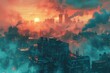 A dystopian city shrouded in shadows of apocalypse, painted in turquoise and warm sand. Dark yet luminous, promising tales of survival and a reborn future from the ashes.
