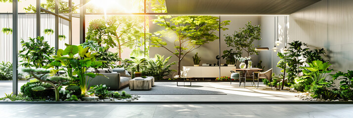 Wall Mural - Modern Living Room with Green Accents and Stylish Decor, Comfortable and Bright Indoor Garden Setting