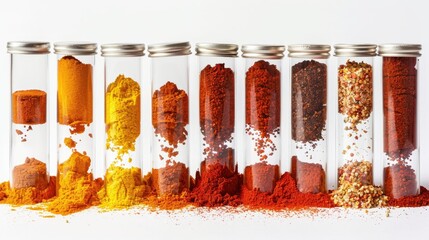 Wall Mural - Variety of chili paprika and cayenne powders in glass vials on white background