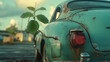 Green sprout grows through the body of an abstract reto car on a blurred background of an abandoned city, new life concept